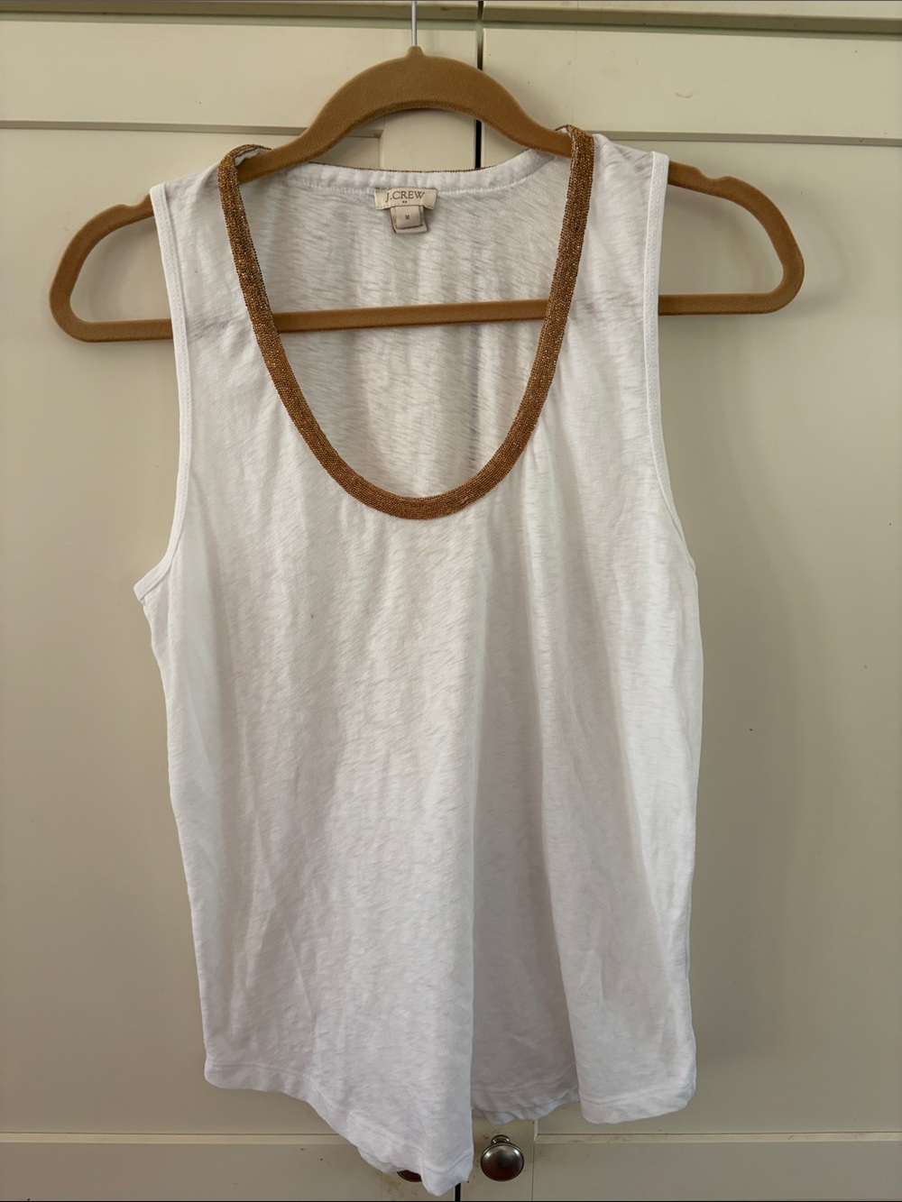 J. Crew White Tank with Gold Beaded Neckline; M